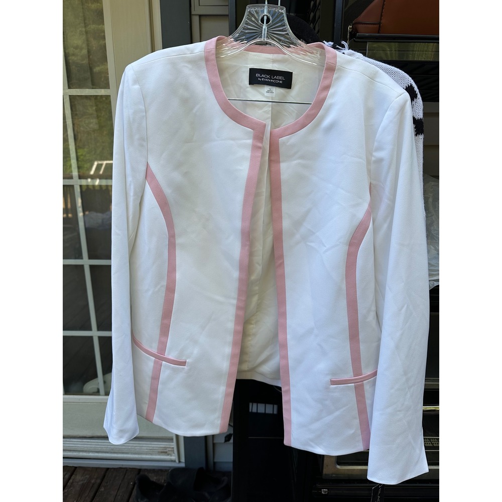 Black Label by Evan-Picone White Pink Trim Collarless Blazer Jacket Size 12 NEW